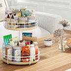 Two Tier Lazy Susan Organizer Turntable Height Adjustable, 2 Tier Wood Lazy Susan 12 Inch, Rotating Spice Rack Organizer for Cabinet Dining Table Top Kitchen Bathroom Countertop White