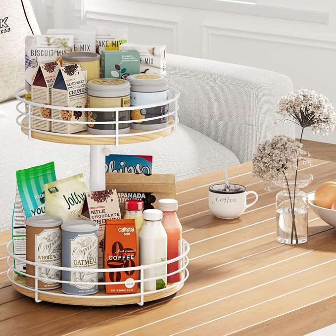 Two Tier Lazy Susan Organizer Turntable Height Adjustable, 2 Tier Wood Lazy Susan 12 Inch, Rotating Spice Rack Organizer for Cabinet Dining Table Top Kitchen Bathroom Countertop White