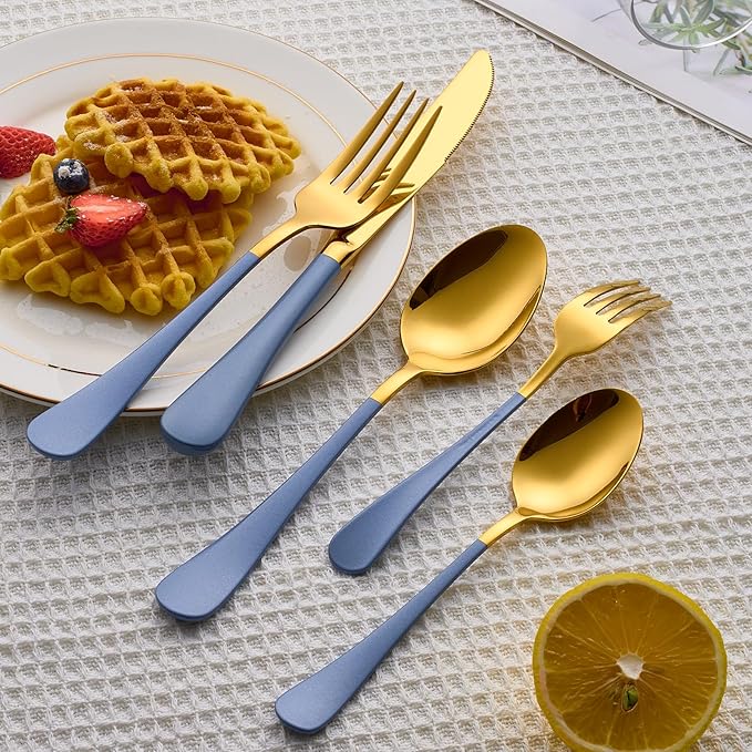 20 Piece Gold and Blue 18/0 Flatware Utensil Set for 4, Include Dinner Knife,Dinner Forks,Dinner Spoons,Salad Forks,Teaspoons,Silverware Set for 4, Dishwasher Safe