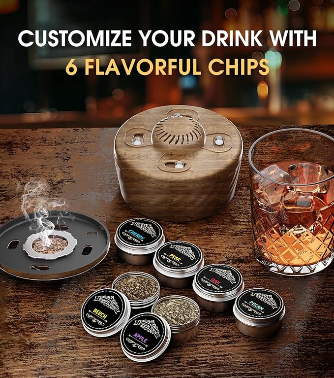 Electric Cocktail Smoker Kits with 6 Wood Chips, Whiskey Smoker Kit with Built-in Lighter, Old Fashioned Bourbon Drinking Smoking Kit, Gifts for Dad Husband Men Father Whiskey Lovers, No Butane Needed