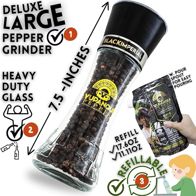 YUPANQUI Organic Black Pepper Grinder Manual Pepper Grinder 3.5oz Award-Winning Gourmet Peppercorns Peppermill BLACK IMPERIAL, Best Black Peppercorn Grinder for Kitchen