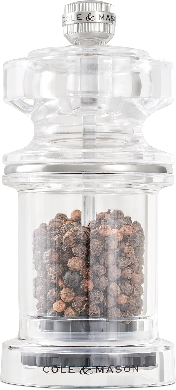 Cole & Mason 675 Refillable Spice Mill - Kitchen & Home Accessory - Table Pepper Grinder - Peppercorn Included - Acrylic - Pepper Mill 4.5"