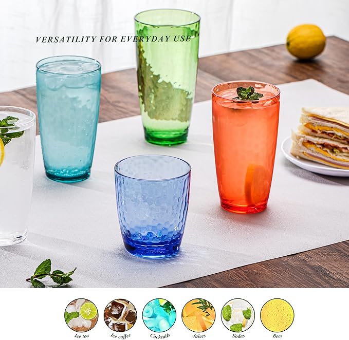 15oz Colorful Acrylic Glasses Drinkware (Set of 8), Hammered Design Unbreakable Plastic Tumblers, Reusable Plastic Drinking Glasses Cups, Stackable, BPA-Free, Dishwasher-Safe…