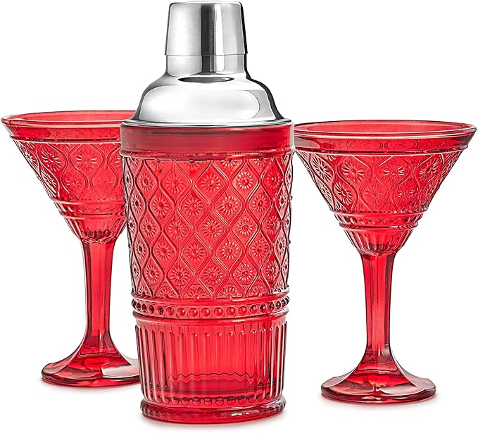 Godinger Cocktail Shaker and Martini Glasses Barware Gift Set, Martini Shaker and 2 Cocktail Glasses Set, Vintage Decor, Claro Collection, Red