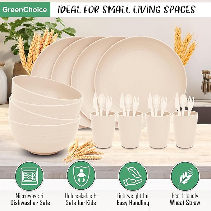 Wheat Straw Dinnerware Sets for 4 - GreenChoice Lightweight & Unbreakable Dishes Microwave & Dishwasher Safe Perfect for Camping, Picnic, RV, Dorm Plates, Cups and Bowls (Beige)