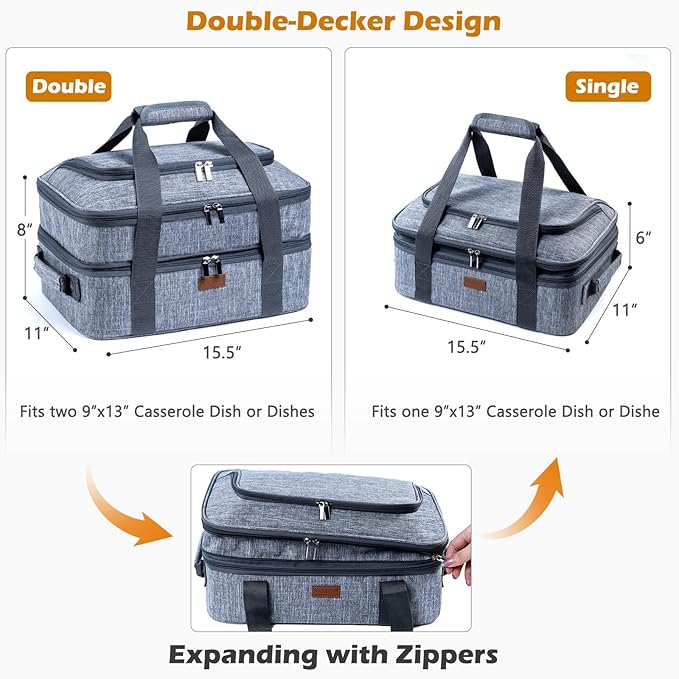 BAGSPRITE Expandable Insulated Casserole Carrier for Hot or Cold Food, Casserole Dish Carrying Case,Thermal Lasanga Lugger Tote for Pockluck, Parties, Picnic, Fits 9" x 13" Baking Dish,