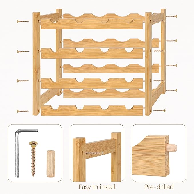VASMIA Wine Rack, 4-Tier Bamboo Wine Racks Countertop,Sturdy and Durable Wine Storage Cabinet Shelf,16 Bottles Wine Holder for Kitchen Pantry, Natural