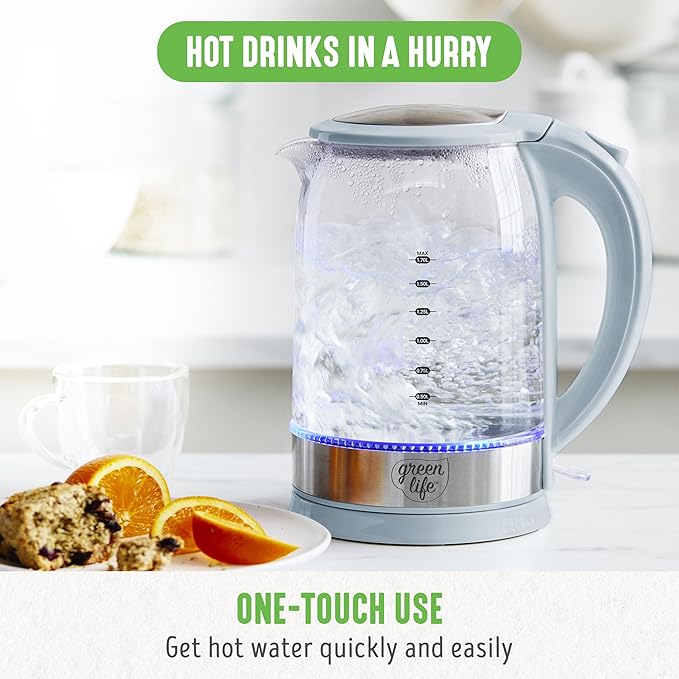 GreenLife 1.7 Liter Glass Electric Kettle, Easy One Touch Use, Quick Heating, Filtered Spout, LED Base, Auto Shut-Off, Cordless Serving, Coffee and Tea, Blue Haze