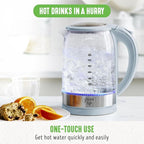 GreenLife 1.7 Liter Glass Electric Kettle, Easy One Touch Use, Quick Heating, Filtered Spout, LED Base, Auto Shut-Off, Cordless Serving, Coffee and Tea, Blue Haze