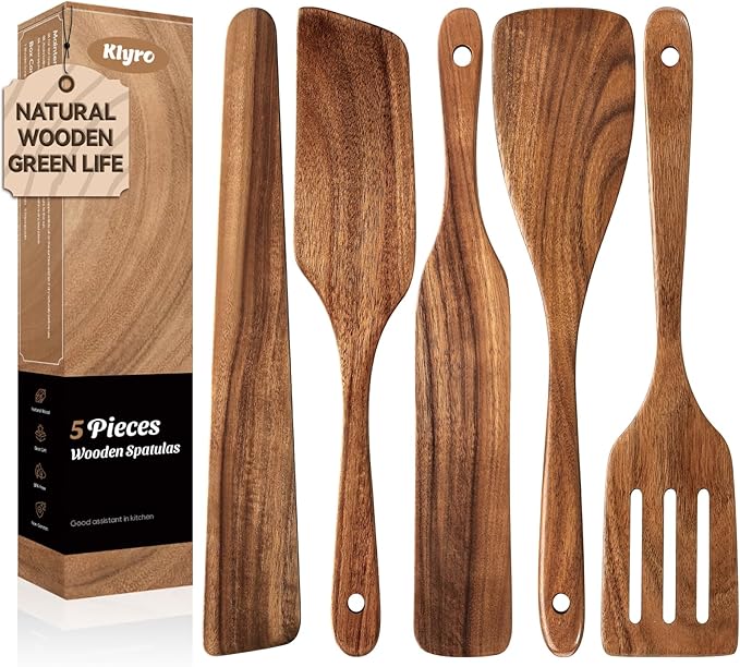 5 PCS Wooden Spatula Set, Natural Teak Wooden Spoons for Cooking, Nonstick Cookware Safe Kitchen Utensils Set, Durable & Elegant Cooking Utensils Gift Set
