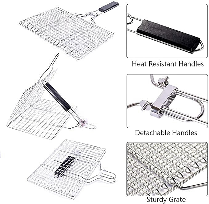Fish Grill Basket,Olighan Foldable Grilling Basket with Removable Handle,Stainless Steel Large Folding BBQ Rack,Portable Camping Grilling baskets for Vegetables,Steak,Fish,Shrimpand at Home or Outdoor