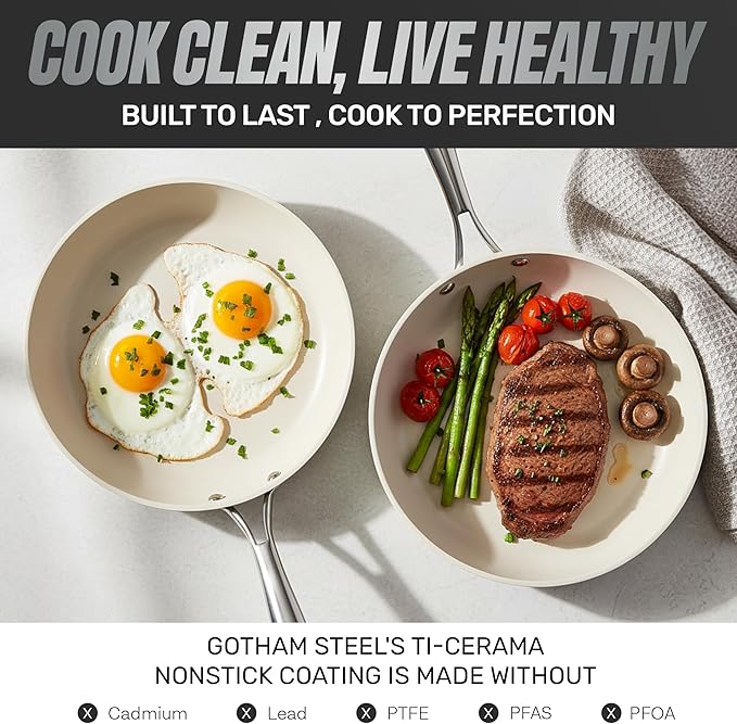 Gotham Steel 12 Pc Ceramic Cookware Set Nonstick, Ceramic Pots and Pans Set Non Stick with Steamer for Cooking, Non Toxic PFOA PFOS Free, Premium Stay Cool Handles, Oven & Dishwasher Safe