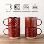 GBHOME 12 OZ Stackable Coffee Mugs, Ceramic Coffee Cups with Texture Patterns for Man,Woman,Dad,Mom, Modern Coffee Mugs Set of 4 for Latte/Cappuccino/Cocoa. Dishwasher&Microwave Safe, Red