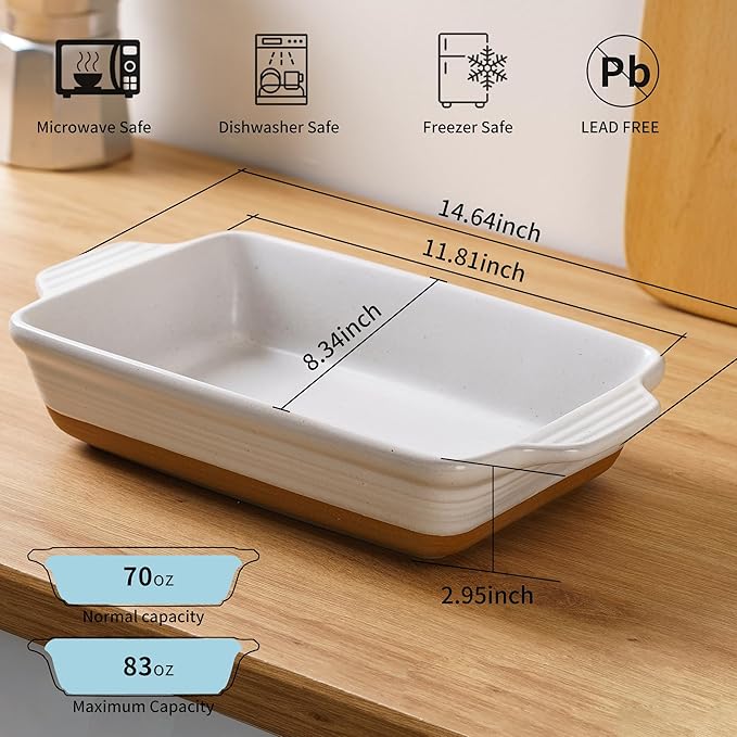 Casserole Dish Cookware , 14.5" Lasagna Pan Deep for Oven, Ceramic Baking Dish, Large Baking Pan with Handles, Durable Bakeware for Lasagna Cake Chicken Turkey, Wedding Housewarming Christma Gift, White