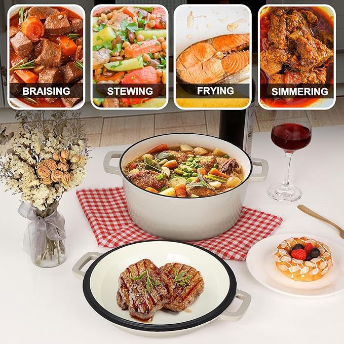 P&P CHEF 5Qt Dutch Oven Pot for Bread Baking (Khaki), 2 In 1 Round Cast Iron Dutch Oven with Lid Set, Skillet & Pot for Roasting Braising Stewing Frying Simmering, Multi Stoves & Oven Safe