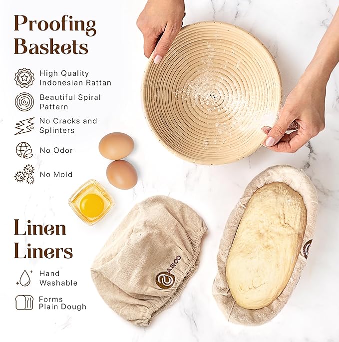 9" Round and 10" Oval Banneton Bread Proofing Baskets and Sourdough Bread Baking Supplies, A Complete Sourdough Kit with Bread Lame, Danish Whish, Bowl & Dough Scraper, 2 Bread Slings, and Baking Mat