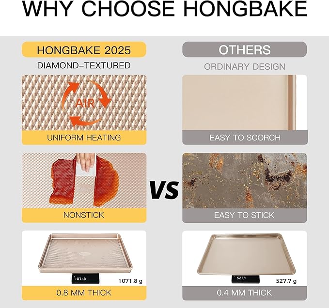 HONGBAKE Baking Sheet Pan Set of 3, Cookie Sheets for Oven, Nonstick Half/Quarter/Jelly Roll Pans with Diamond Texture Pattern, 0.8mm Thick Heavy Duty Cookie Tray, Champagne Gold