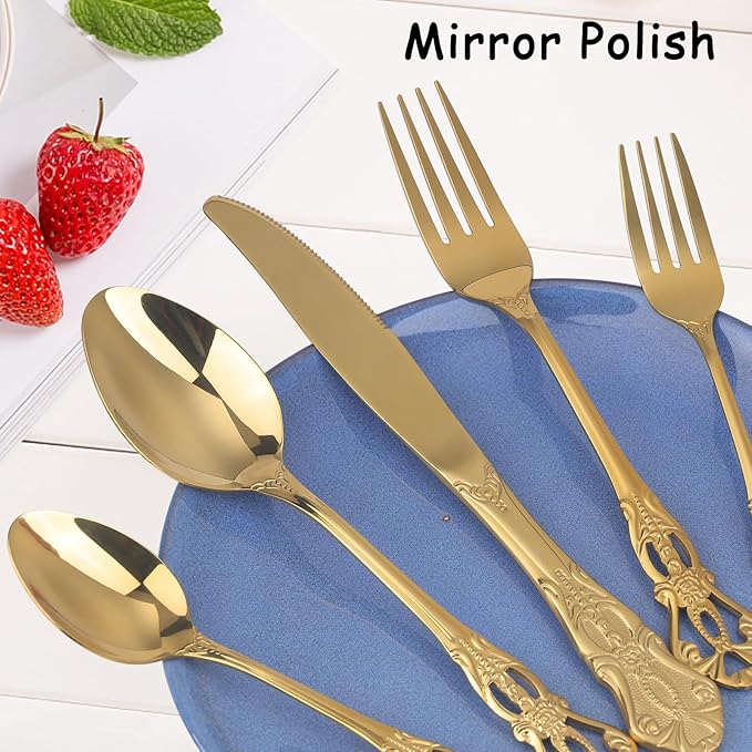 Retro Royal Gold Silverware Set With Gift Box, 60-Pieces Cutlery Set Utensils Stainless Steel Flatware For 12 MIKIWAY Kitchen Tableware Set For Gifts Festive, Dishwasher Safe, Mirror Polishing
