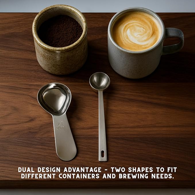 Coffee Scoop Set – 30ml Curved & 15ml Round Stainless Steel Measuring Spoons – Dual Design for Perfect Coffee Tea, & More – Ergonomically Balanced Handles