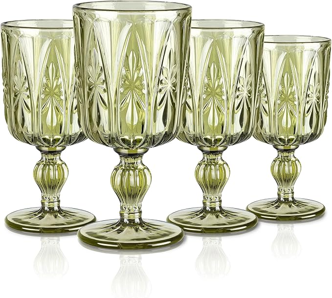 Joeyan Green Vintage Glass Wine Goblet,10 oz Embossed Stemmed Wine Glasses with Floral Design,Colored Drinking Glasses for Christmas Party Wedding Table Decor,Set of 4,Dishwasher Safe