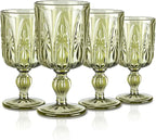 Joeyan Green Vintage Glass Wine Goblet,10 oz Embossed Stemmed Wine Glasses with Floral Design,Colored Drinking Glasses for Christmas Party Wedding Table Decor,Set of 4,Dishwasher Safe