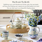 MACKENZIE-CHILDS Enamel Whistling Tea Kettle, Decorative Teapot for Stovetop, Gray-and-White Sterling Check
