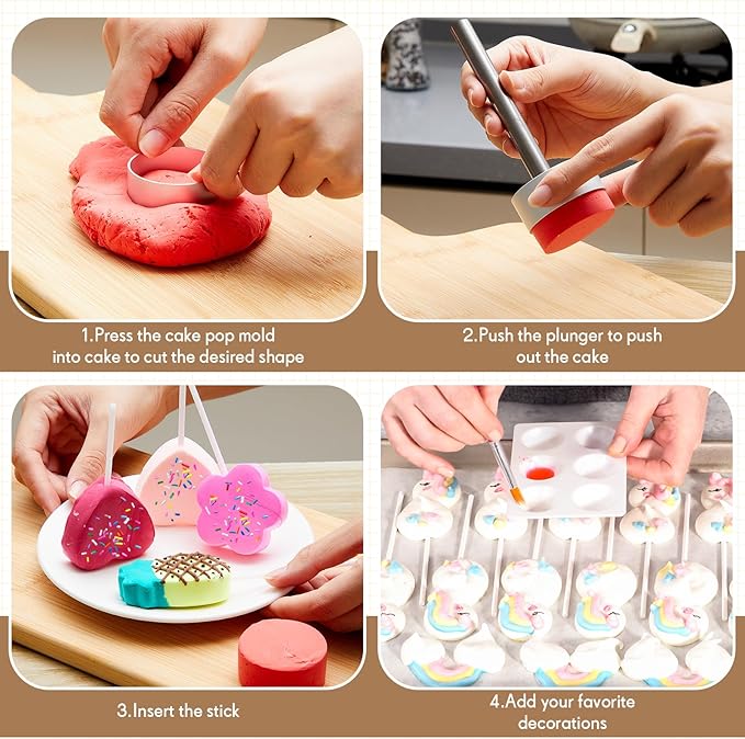 2 Pack Stainless Steel Cake Pop Mold Set, Circle and Heart Cake Pop Cutter and Pusher, Baking Cakepop Supplies Accessories Tools for Home Baking Desserts