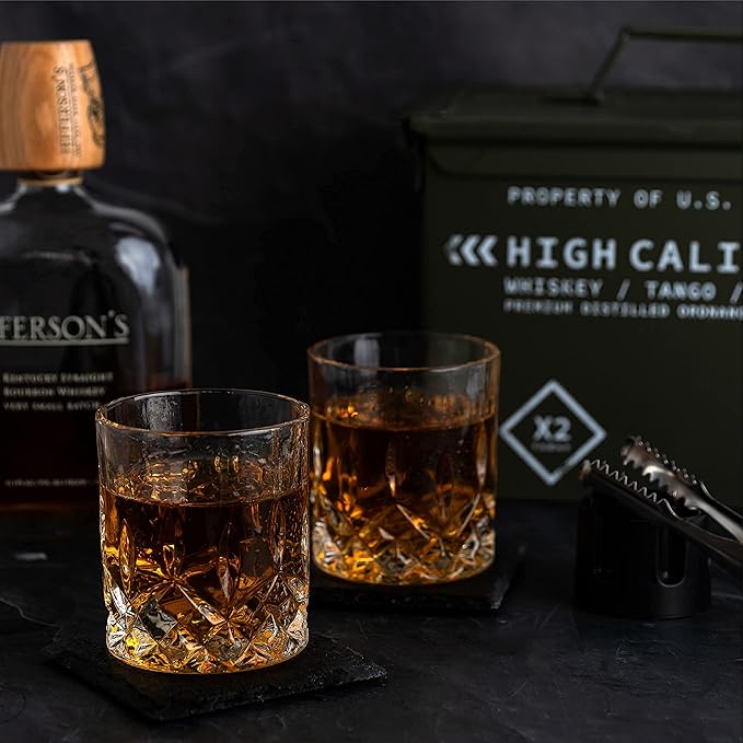 Titan LSO Whiskey Glasses and Stones in Unique Tactical Box Display | Bourbon Cocktail Cups, Coasters and Tongs | Gifts for Men | Glass Set