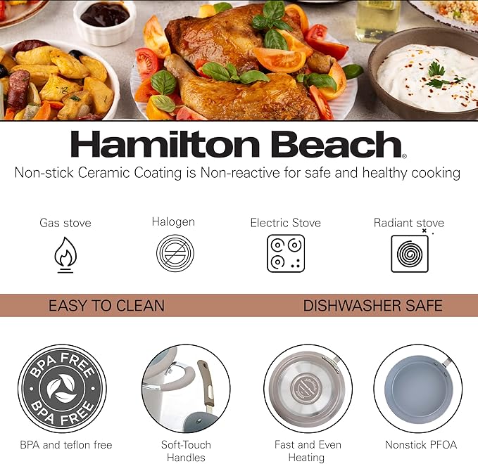 Hamilton Beach Cookware Set, 10-Pieces, Pots, Pans, and Glass Lids, Nonstick PFOA-Free, PTFE-Free Ceramic Interior, Heavy-Duty Aluminum Construction, Modern Matte Gray, Professional Tapered Shape