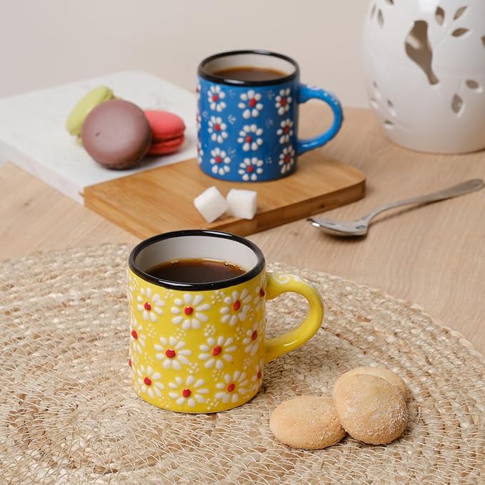 Ceramic Espresso Cups, 5 Oz Espresso Cups Set of 4, Handmade Espresso Cup, 2.75 Inch Espresso Mugs, Multicolor Demitasse Cups, Microwave & Dishwasher Safe Espresso Mugs, Coffe Mug Set (DAISY MEDLEY)