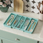 Lifewit Utensil Organizer for Kitchen Drawers, Expandable Cooking Utensil Tray, Adjustable Cutlery Silverware Flatware Holder, Plastic Spatula Tools and Gadgets Storage Divider, Large, Turquoise