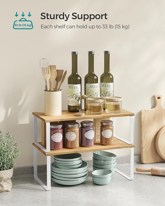SONGMICS Cabinet Organizer Shelf, Set of 4 Kitchen Counter Shelves, Kitchen Storage, Spice Rack, Stackable, Expandable, Metal and Engineered Wood, Cloud White and Natural Beige UKCS210W01