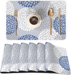 QIYI Placemats Set of 6, 12x18 Inch PU Leather Place Mats for Kitchen Dinning, Heat Resistant Anti Slip Flower Table Mats, Waterproof Wipeable Washable Placemat Party Table Décor, Blue Floral Burst