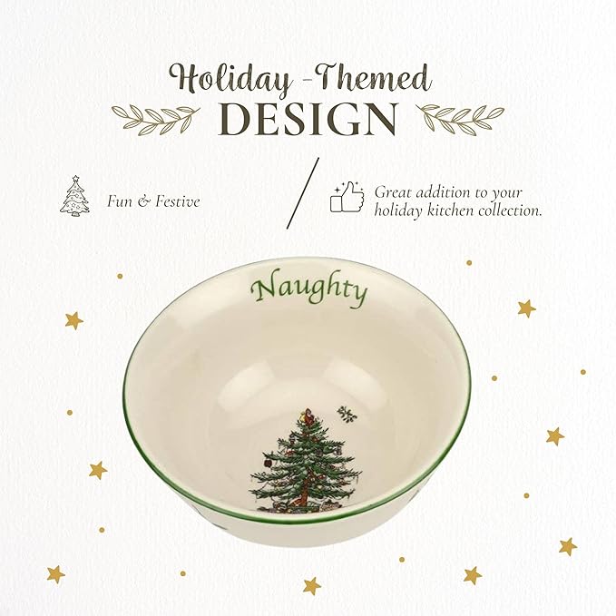 Spode Christmas Tree Dip Bowls - Set of 2, Naughty and Nice, 4-Inch Ceramic Serving Bowls for Holiday Dips, Snacks, Nibbles - Festive Tableware Christmas Tree Design - Dishwasher & Microwave Safe