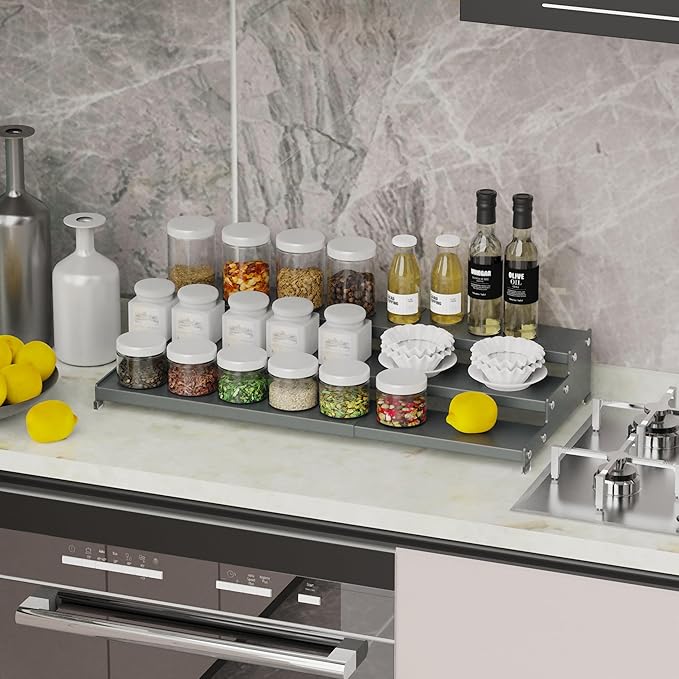 Expandable Spice Rack Storage organizer with 3-Tier step shelf cabinet,seasoning racks organizion.Great for Kitchen countertop shelves,Bathroom,dressing table,Cupboard,Pantry and more(1pack/Gun-gray)
