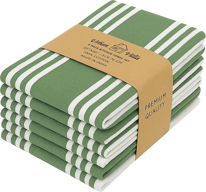 Urban Villa Kitchen Towels (20x30 Inches 6 Pack) Extra Large Premium Dish Towels for Kitchen Green & White Dish Cloths Highly Absorbent 100% Cotton Kitchen Hand Towels with Hanging Loop Tea Towels