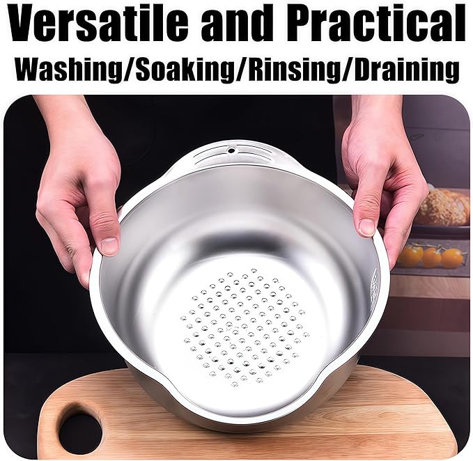 Rice Washer Strainer Bowl, Stainless Steel Washing Bowl for Rinsing Quinoa, Side Drainers Colander for Cleaning Fruits, Vegetables, and Beans - Versatile Kitchen Gadgets