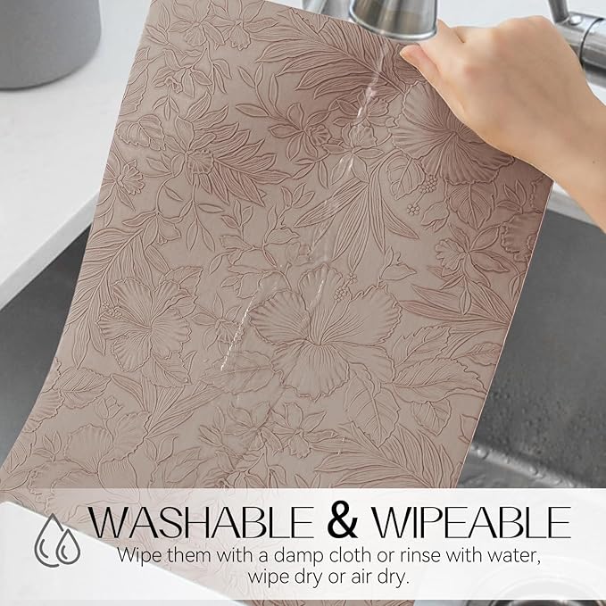 Romanstile Vinyl Placemats Set of 4-12 X 18 Inch - Heat Resistant Non-Slip Embossed Floral Place Mats 100% Waterproof Oilproof Wipeable Faux Leather Table Mats for Kitchen/Dining/Party, Khaki