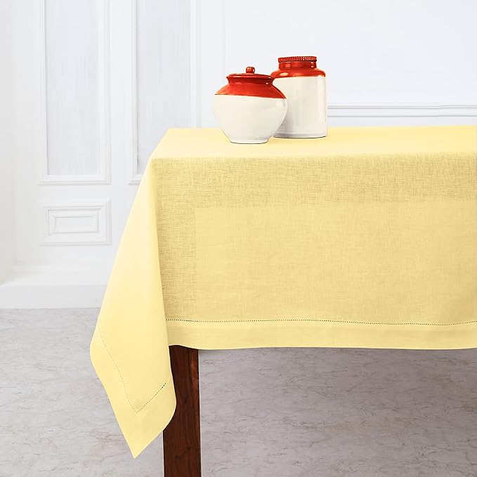 Solino Home Yellow Linen Tablecloth 54 x 72 Inch - Classic Hemstitch, 100% Pure Linen Rectangular Tablecloth - Machine Washable Table Cloth for Summer