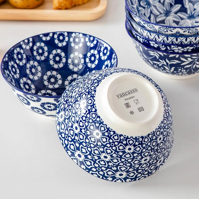 vancasso SELENE 24 oz Cereal Bowls set of 6, Ceramic Soup Bowls for Kitchen, Dishwasher & Microwave Oven Safe- for Cereal, Soup, Pasta, Salad, Blue & White Floral Design Bowl Set