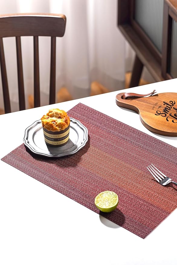 LEXMORE Placemats Set of 8 Vinyl/Plastic Woven Place Mats for Kitchen Table Indoor/Outdoor Washable Placemat Wipeable Dining Table Mats(Pomegranate Parade)