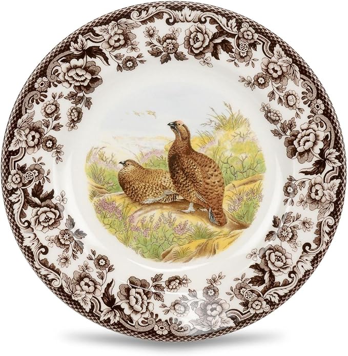 Spode Woodland Red Grouse Salad Plate - 8" Fine Earthenware, British Flowers Border, Rustic Game Bird Design Made in England - Microwave, Dishwasher, Oven, Freezer Safe for Holiday Dining
