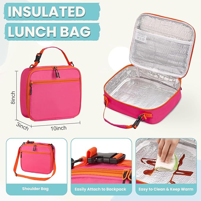 Kids Lunch Bento Box with Thermo Ice Pack Food Container with Insulated Lunch Bag, Insulated Water Bottle with Straw for Girls Boys,Pink