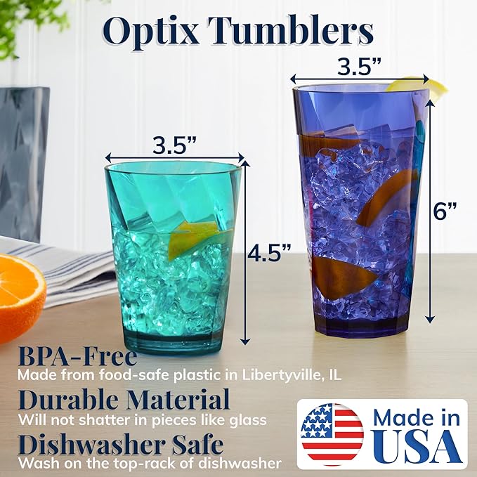 US Acrylic Optix Plastic Reusable Drinking Glasses (Set of 16) 14oz Rocks & 20oz Water Cups in Coastal Colors | BPA-Free Tumblers, Made in USA | Top-Rack Dishwasher Safe