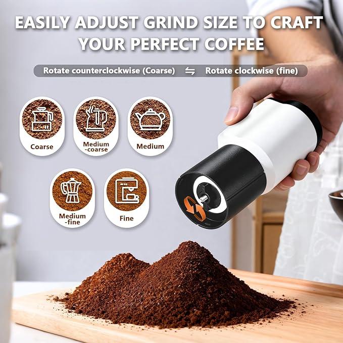 Portable Electric Coffee Grinder，Automatic Coffee Grinder with USB Type-C wireless charging design，Adjustable Coarse to Fine for coffee beans, grains, cleaning brush + cable Includes