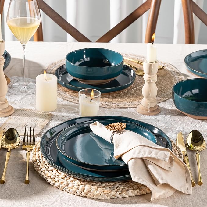 AmorArc Ceramic Dinnerware Sets for 4, 12 Pieces Handpainted Plates and Bowls Set with Rustic Terracotta Underside, Scratch Resistant Stoneware Dishes Set, Dishwasher & Microwave Safe