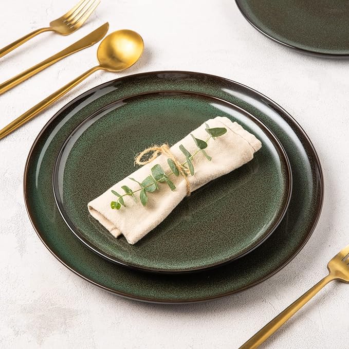 LERATIO Ceramic Plates Set of 6, 8.5 Inch Reactive Glaze Light Weight Porcelain Salad Plates,Modern Shape Dinnerware Dishes Set for Kitchen,Microwave&Dishwasher&Oven Safe,Resistant-Green