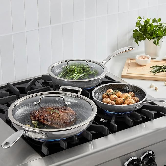 CUISINART FusionPlus Nonstick Stainless Steel Cookware Set, 5-Piece Skillet Cooking Set with PFAS-Free PURELYSEAR Ceramic Non Stick Technology, Scratch Proof, Cool Grip Handles, Dishwasher Safe