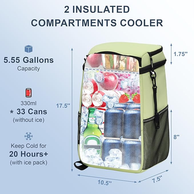 Backpack Cooler Insulated Leak Proof 33/49 Cans, 2 Insulated Compartments Thermal Bag, Portable Lightweight Beach Travel Camping Lunch Backpack for Men and Women