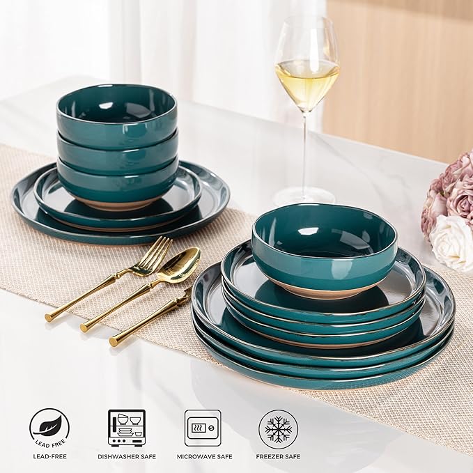 AmorArc Ceramic Dinnerware Sets for 4, 12 Pieces Handpainted Plates and Bowls Set with Rustic Terracotta Underside, Scratch Resistant Stoneware Dishes Set, Dishwasher & Microwave Safe